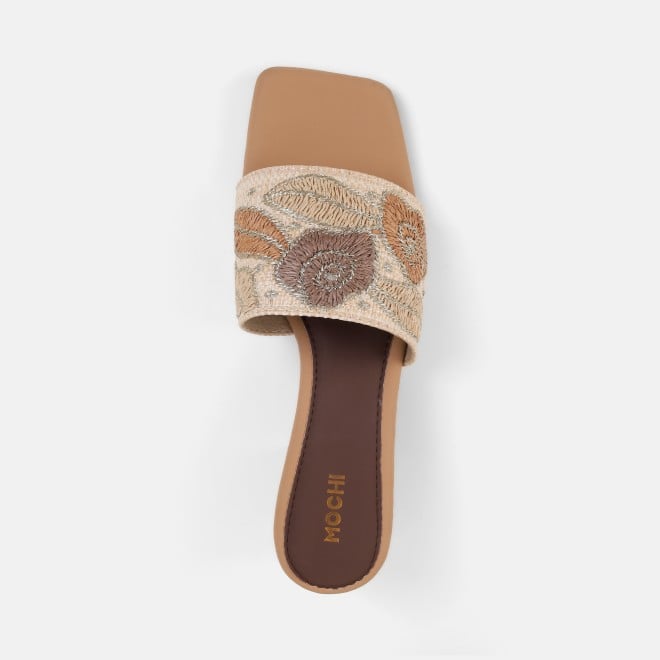 Mochi Women Beige Ethnic Slip Ons (SKU: 40-481-20-37)