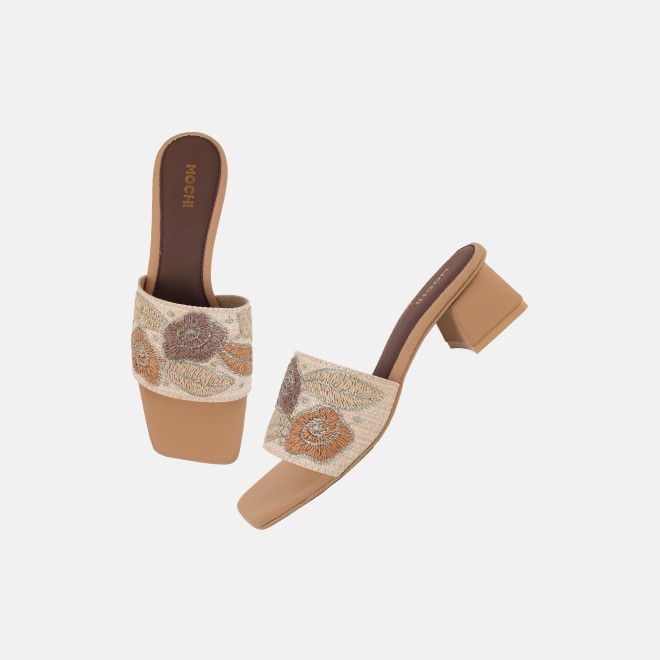 Mochi Women Beige Ethnic Slip Ons (SKU: 40-481-20-37)