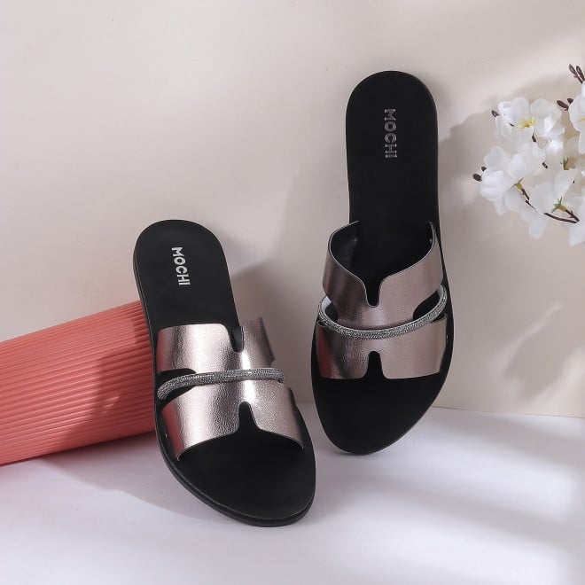 Mochi Women Gun-Metal Casual Slippers