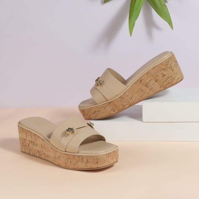 Mochi Women Beige Casual Slip Ons