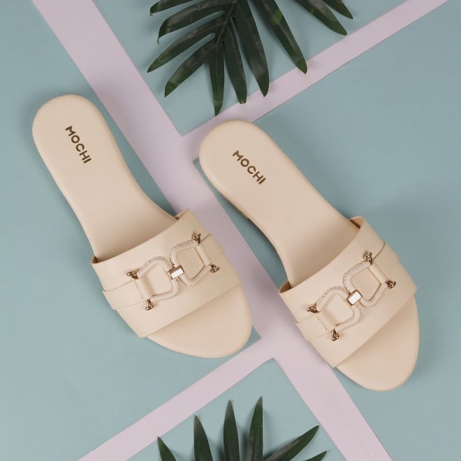 Mochi Women Beige Casual Slides