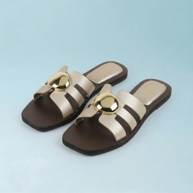 Mochi Women Gold Casual Slippers