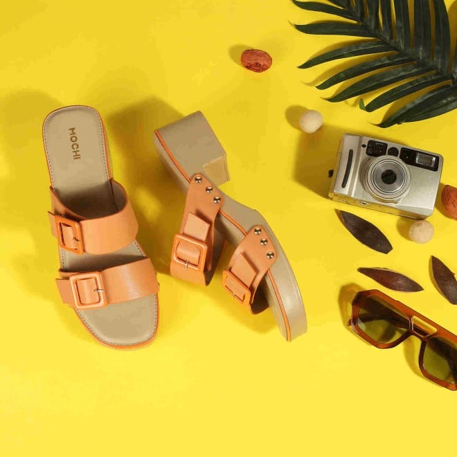 Mochi Women Orange Casual Slip Ons