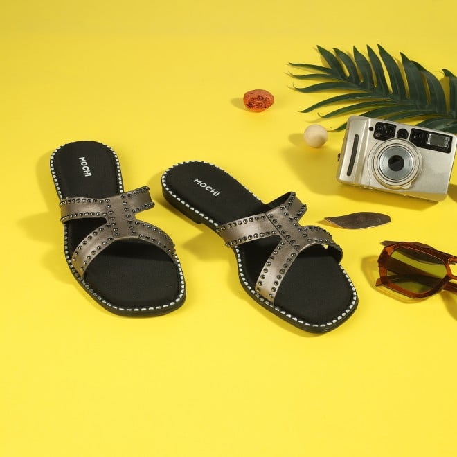 Mochi Women Gun-metal Casual Slip Ons