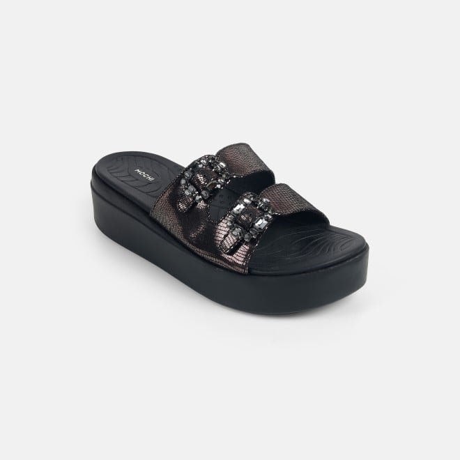 Mochi Women Gun-Metal Casual Slip Ons