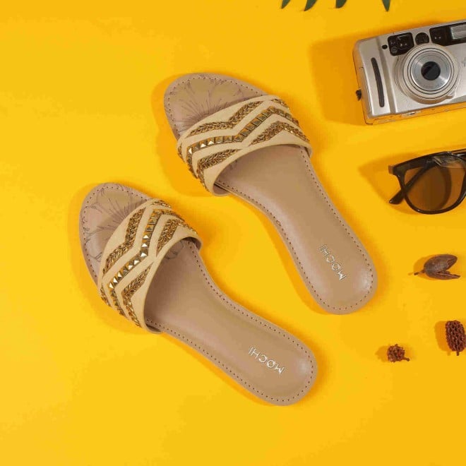 Mochi Women Beige Casual Slippers
