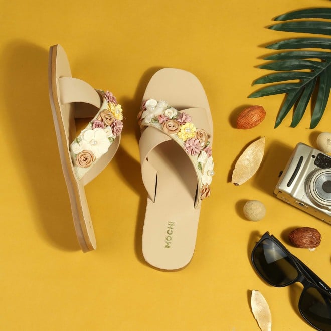Mochi Women Beige Casual Slip Ons