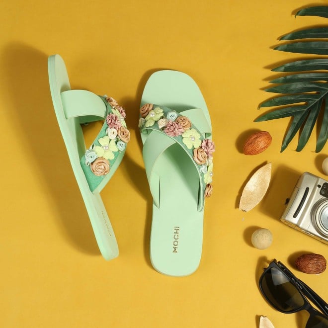 Mochi Women Green Casual Slip Ons