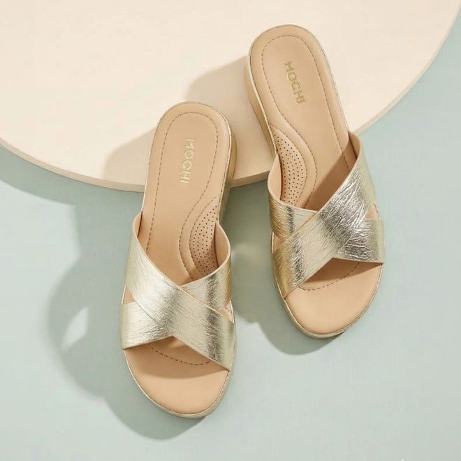 Mochi Women Gold Casual Slip Ons