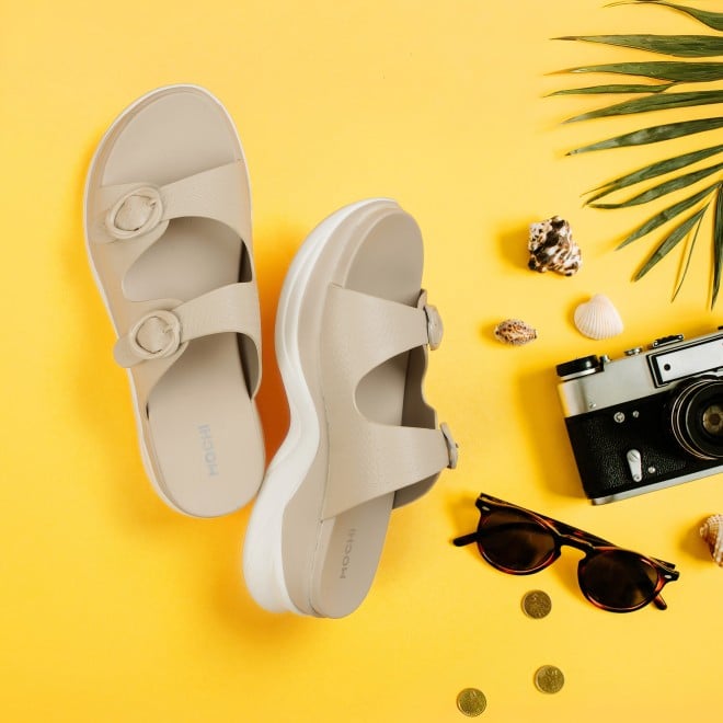 Mochi Women Beige Casual Slip Ons