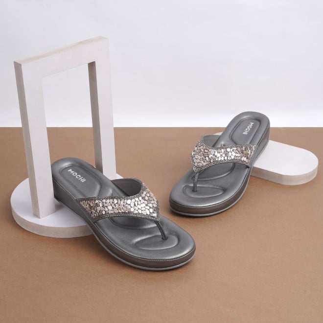 Mochi Women Gun-Metal Casual Slippers (SKU: 44-119-29-36)