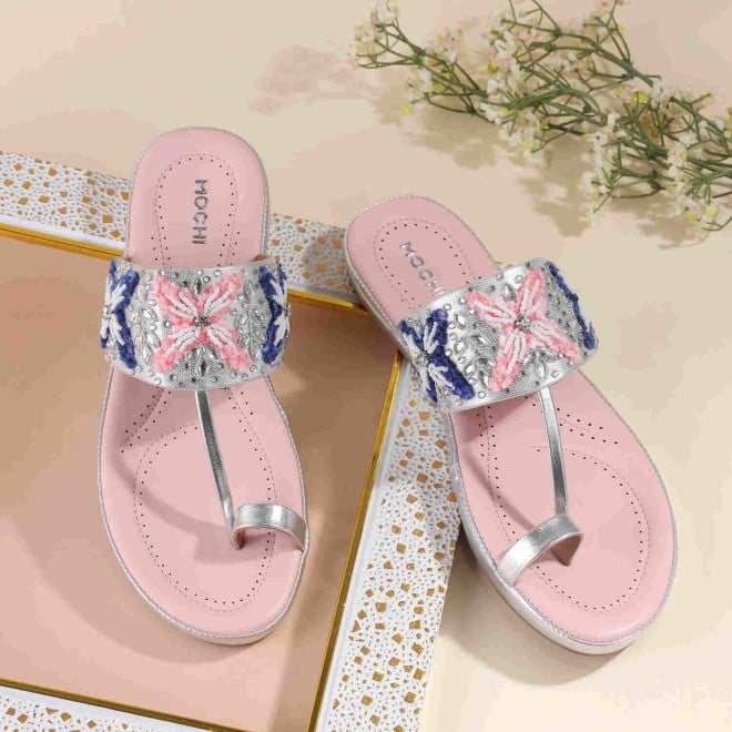 Mochi Women Silver Casual Slippers & Flip Flops