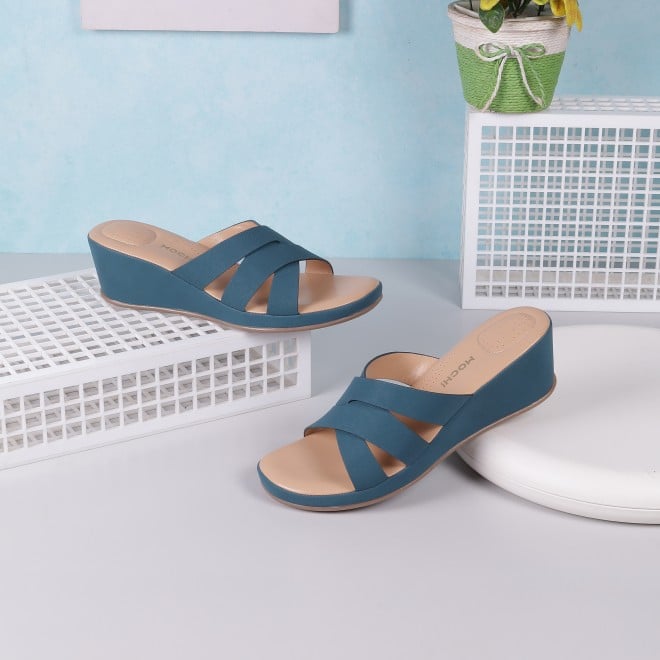 Mochi Women Blue Casual Mules