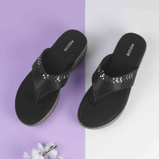 Mochi Women Black Casual Slippers & Flip Flops