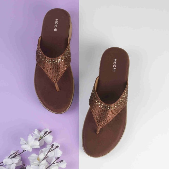 Mochi Women Brown Casual Slippers & Flip Flops