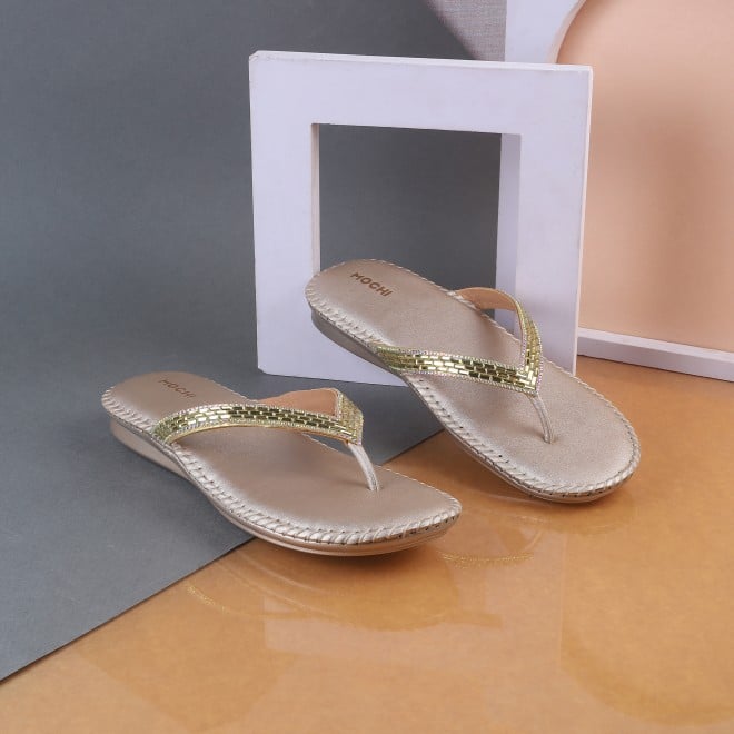 Mochi Women Gold Casual Slippers