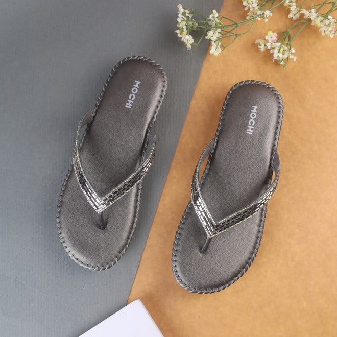 Mochi Women Gun-Metal Casual Slippers