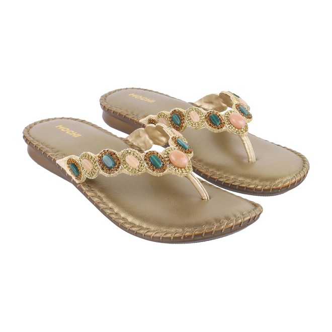 Mochi Women Gold Casual Slippers