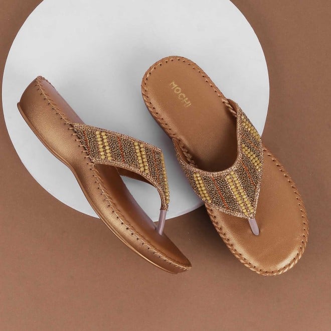 Mochi Women Antique-Gold Casual Slippers