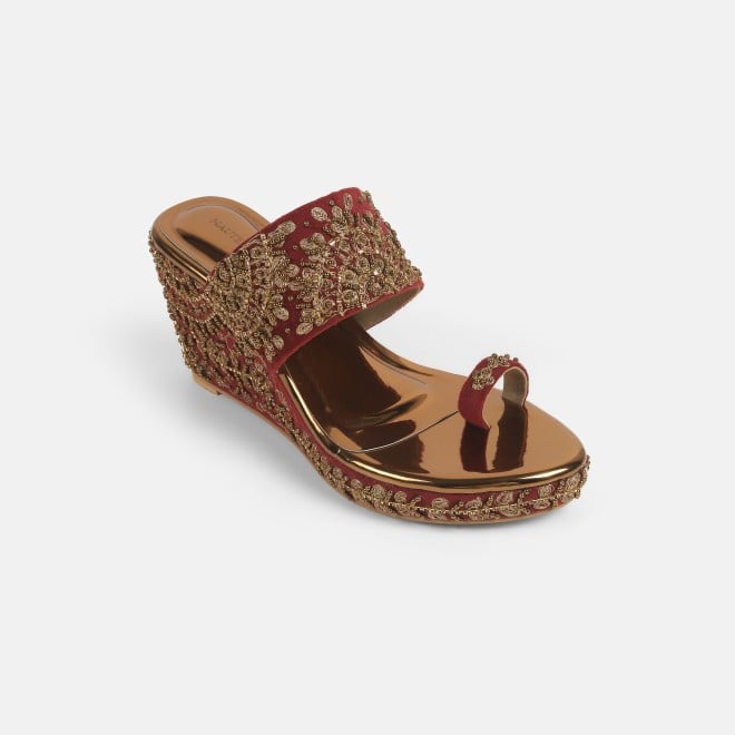Haute Diva Women Maroon Ethnic Slip Ons