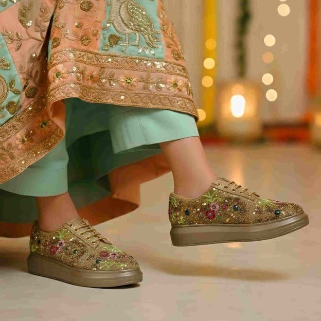 Mochi Women Antic-gold Ethnic Sneakers