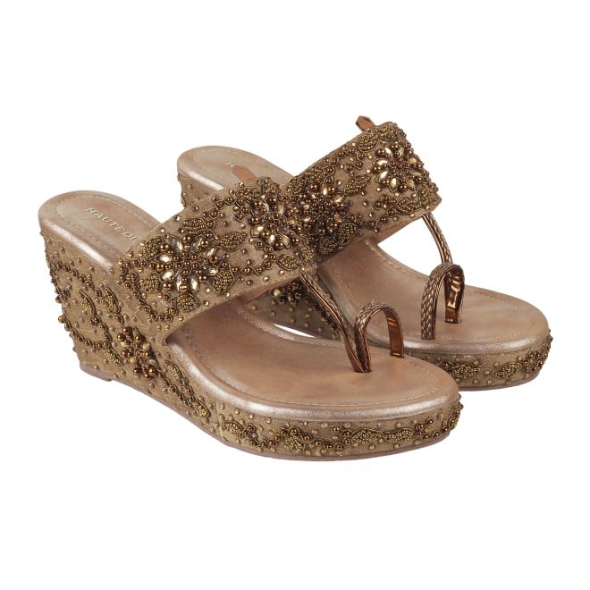 Haute Diva Women Antique-Gold Ethnic Sandals