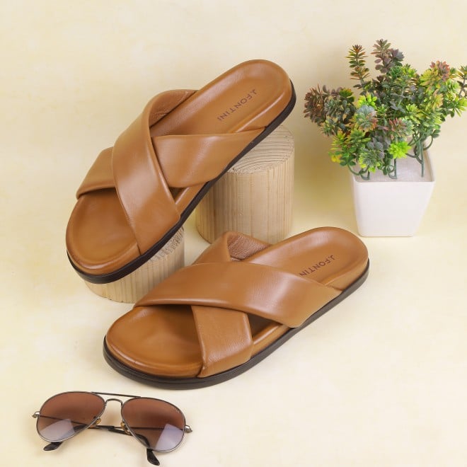 J.Fontini Men Tan Casual Slippers