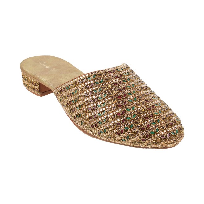 Cheemo Antique-Gold Ethnic Slip Ons for Women