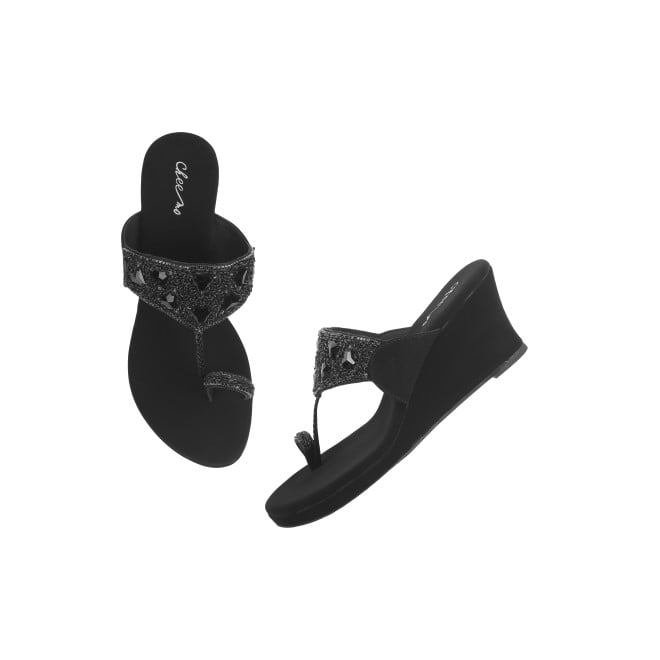 Cheemo Women Black Ethnic Slip Ons (SKU: 92-191-11-37)