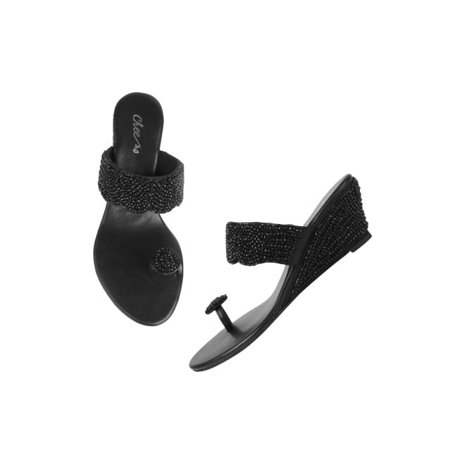 Cheemo Women Black Ethnic Slip Ons (SKU: 92-201-11-37)