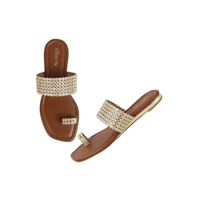 Cheemo Women Gold Ethnic Slip Ons (SKU: 92-219-15-36)