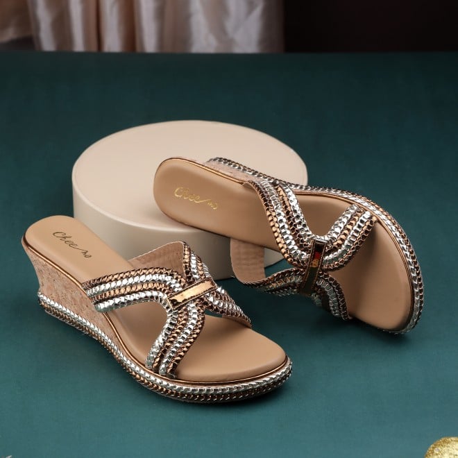 Cheemo Women Gold Ethnic Slip Ons (SKU: 92-255-15-37)