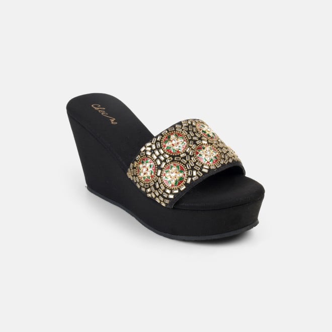 Cheemo Women Black Ethnic Slip Ons (SKU: 92-257-11-40)