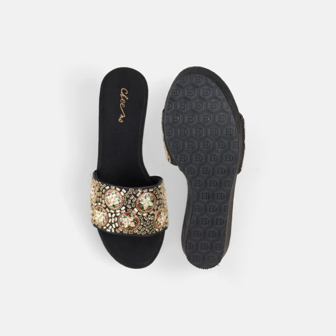 Cheemo Women Black Ethnic Slip Ons (SKU: 92-257-11-40)