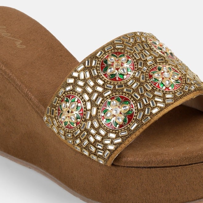 Cheemo Women Antic-gold Ethnic Slip Ons (SKU: 92-257-28-40)