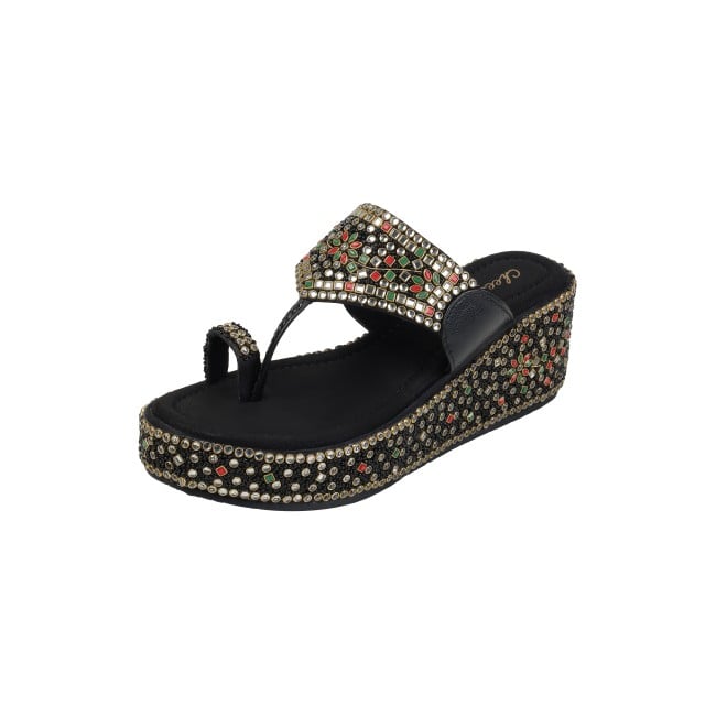 Cheemo Women Black Ethnic Slip Ons (SKU: 92-258-11-37)