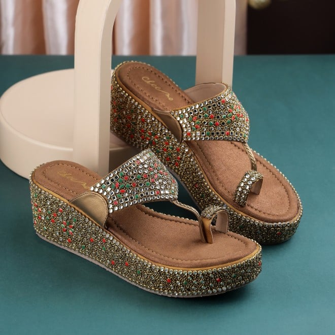 Cheemo Women Antic-gold Ethnic Slip Ons (SKU: 92-258-28-37)