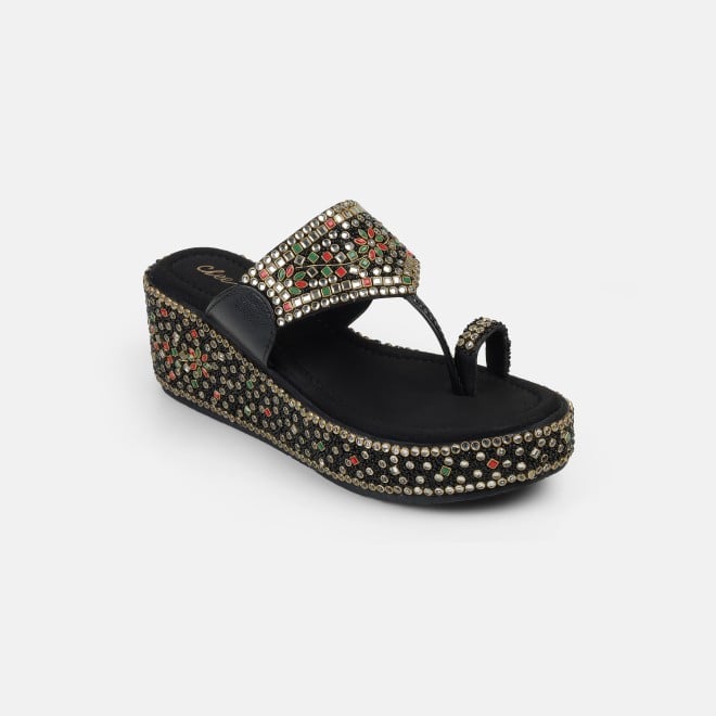 Cheemo Women Black Ethnic Slip Ons (SKU: 92-258-11-37)