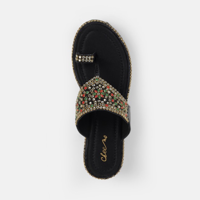 Cheemo Women Black Ethnic Slip Ons (SKU: 92-258-11-37)