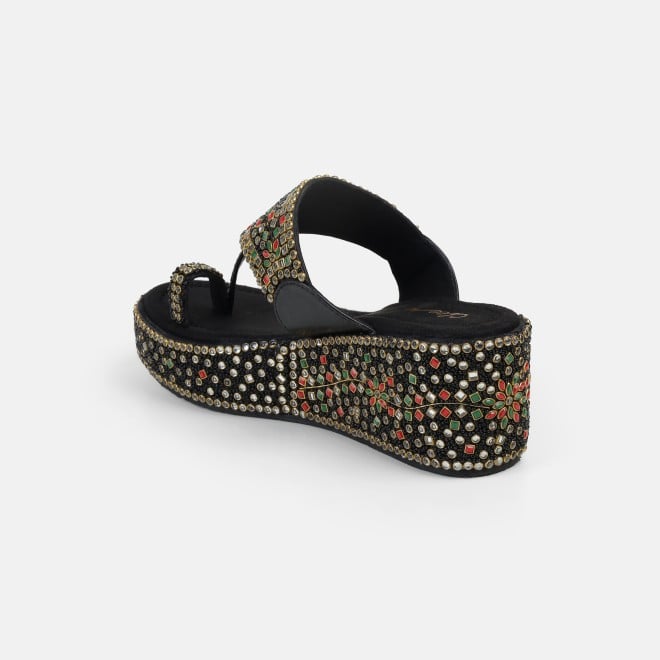 Cheemo Women Black Ethnic Slip Ons (SKU: 92-258-11-37)