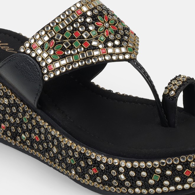 Cheemo Women Black Ethnic Slip Ons (SKU: 92-258-11-37)