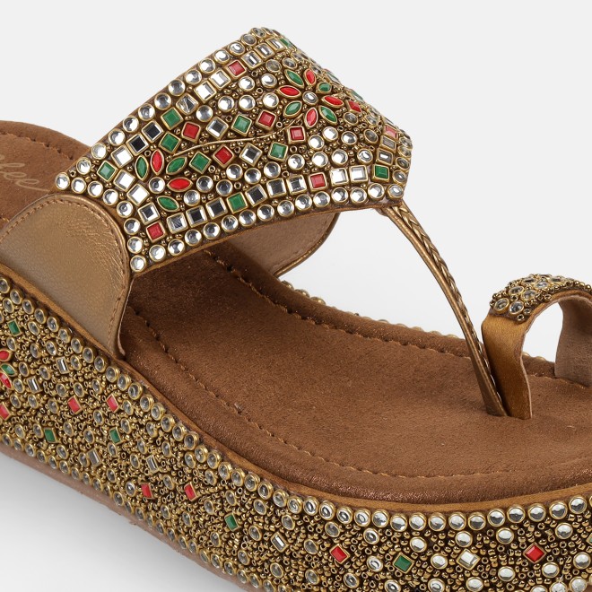 Cheemo Women Antic-gold Ethnic Slip Ons (SKU: 92-258-28-37)