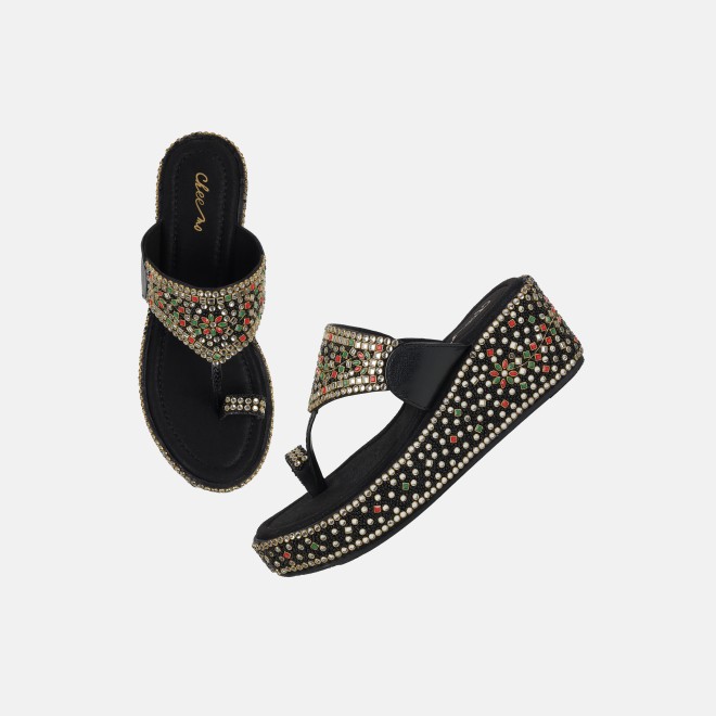 Cheemo Women Black Ethnic Slip Ons (SKU: 92-258-11-37)