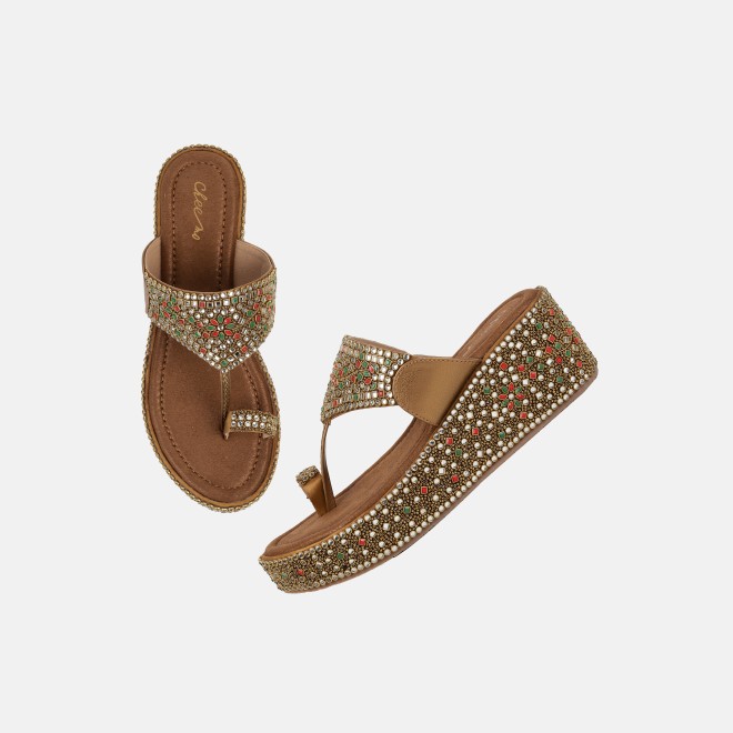 Cheemo Women Antic-gold Ethnic Slip Ons (SKU: 92-258-28-37)