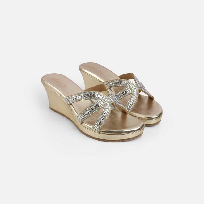 Cheemo Women Gold Party Slip Ons (SKU: 92-259-15-37)