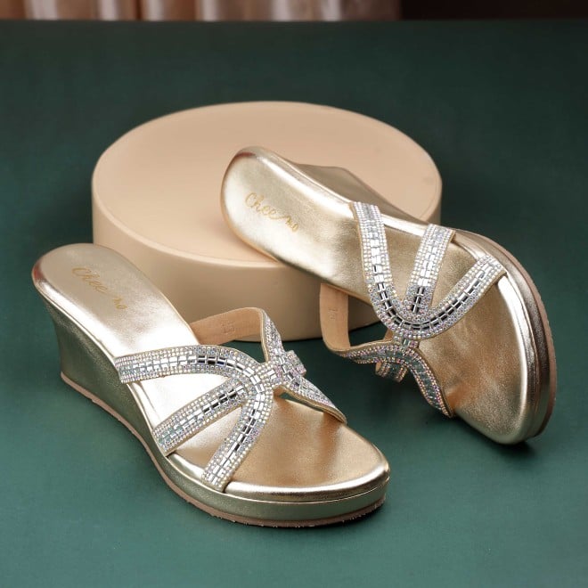 Cheemo Women Gold Party Slip Ons (SKU: 92-259-15-37)