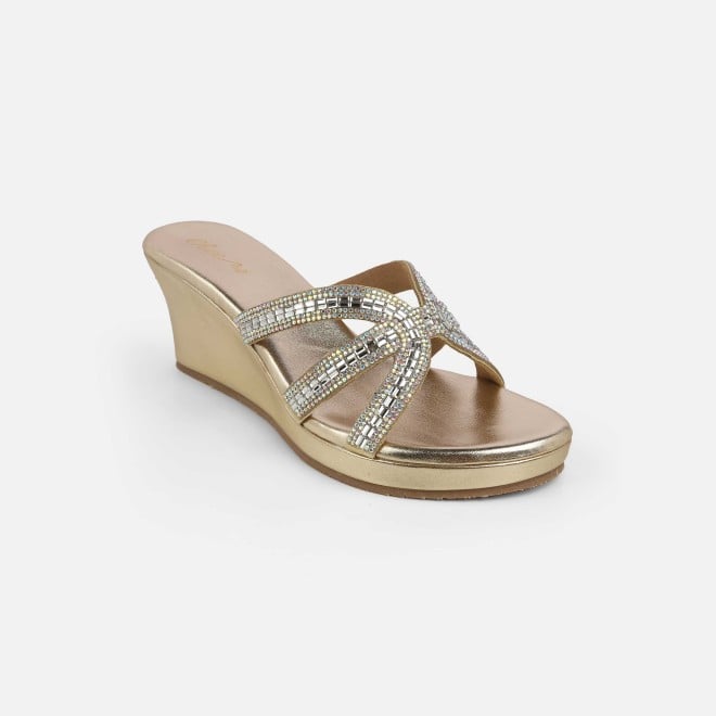 Cheemo Women Gold Party Slip Ons (SKU: 92-259-15-37)