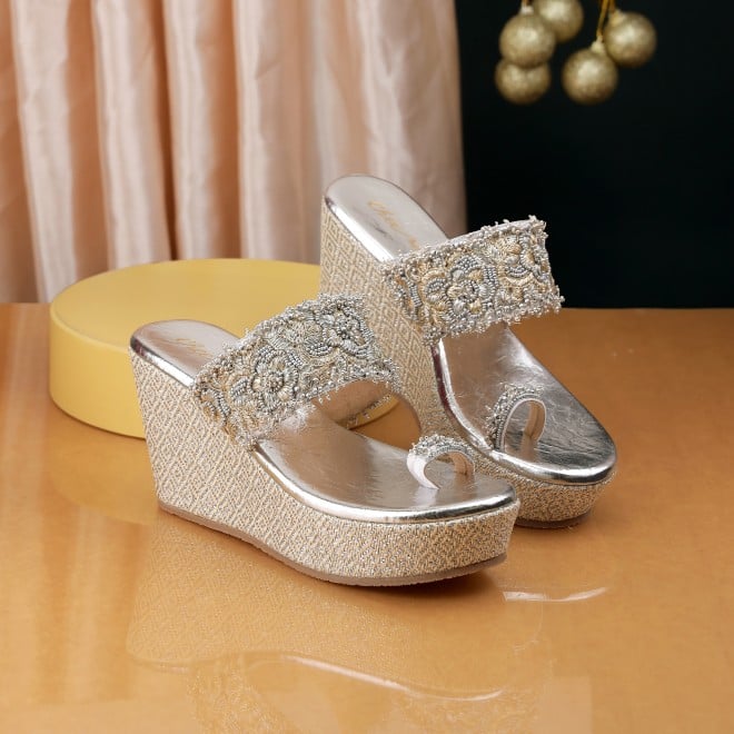 Cheemo Women Silver Ethnic Slip Ons (SKU: 92-264-27-36)