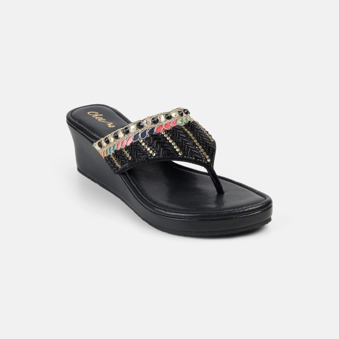 Cheemo Women Black Ethnic Slip Ons (SKU: 92-280-11-37)