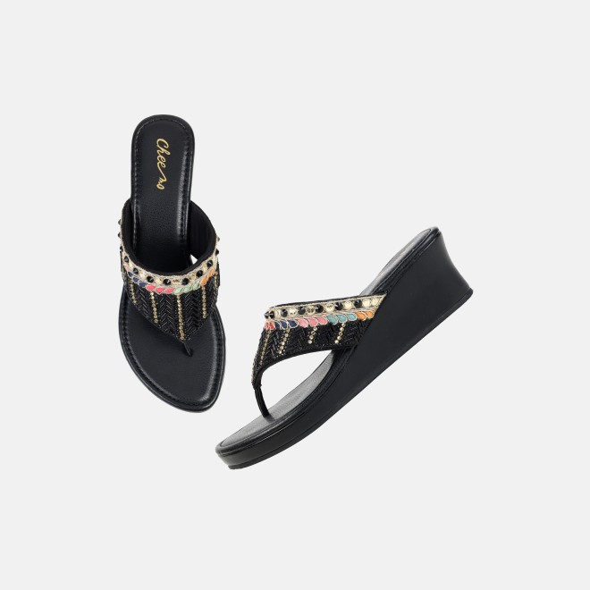 Cheemo Women Black Ethnic Slip Ons (SKU: 92-280-11-37)